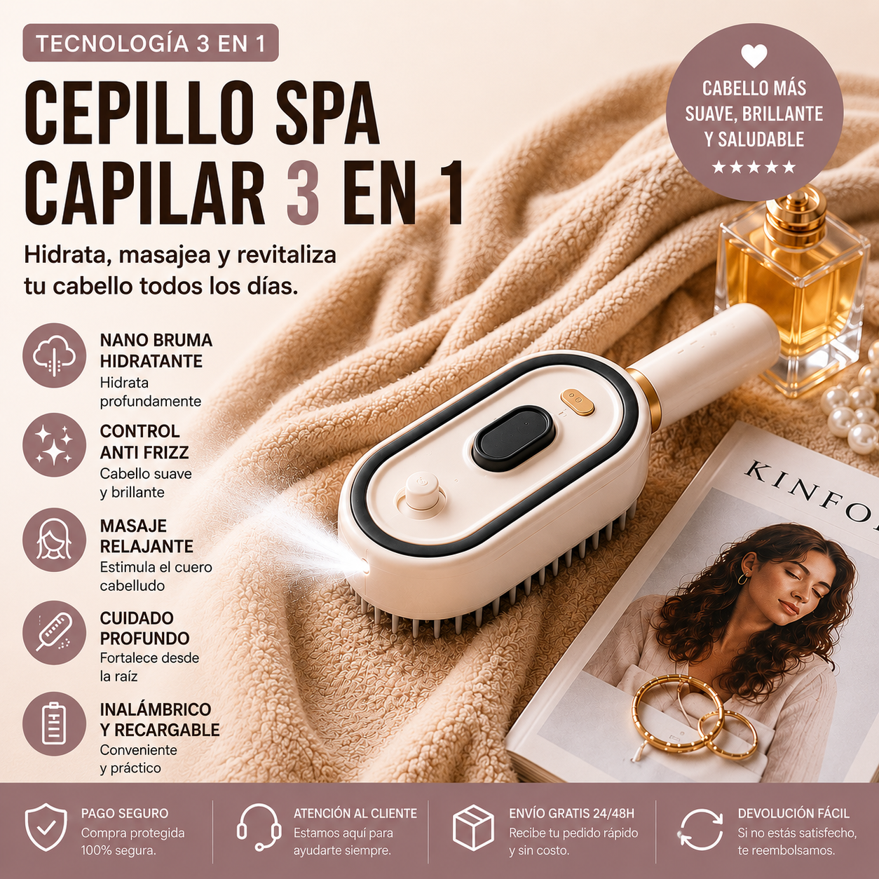 Cepillo Eléctrico NanoMist™ 3 en 1 | Hidratación, Masaje y Luz Roja