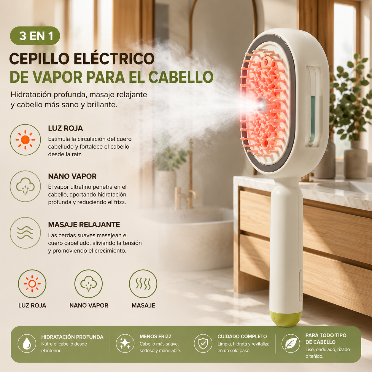 Cepillo Eléctrico NanoMist™ 3 en 1 | Hidratación, Masaje y Luz Roja